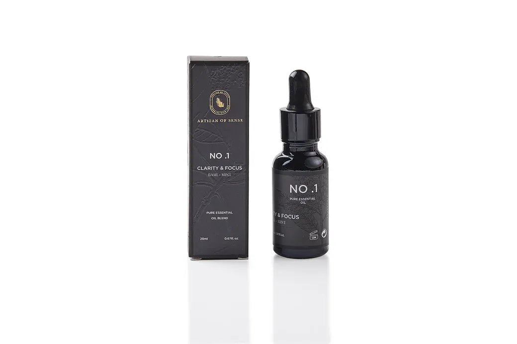 Aroma: Basil & Mint for Clarity & Focus. Single bottle of natural essential oil.