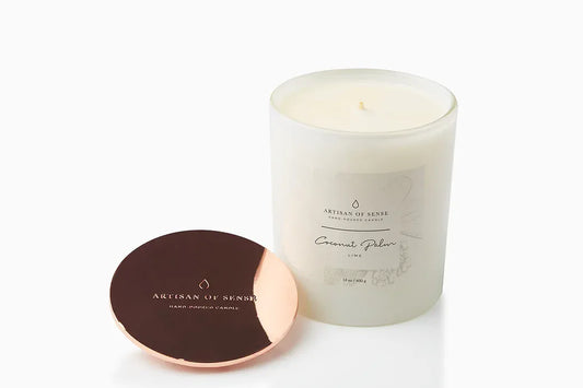 Coconut Palm & Lime scented soy candle in a white glass vessel, 100% natural fragrances, handcrafted in Singapore