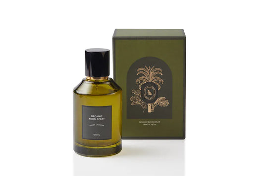 Artisan of Sense botanical body and room mist in an elegant olive green glass bottle with a sleek black cap and gold spray accent. Alcohol-free, plant-based dual-purpose spray handcrafted in Singapore with 100% natural essential oils to refresh skin, linens, and interior spaces.