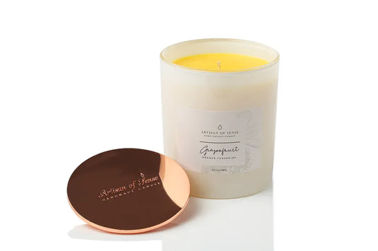 Grapefruit, Orange & Tangerine scented soy candle in a white glass vessel, hand-poured at the Joo Chiat atelier