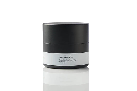 Eco-friendly UK soy wax candle in a tin, natural Lavender, Eucalyptus & Sage scent ideal travel companion. Botanical candle promoting a serene atmosphere through natural aromas.