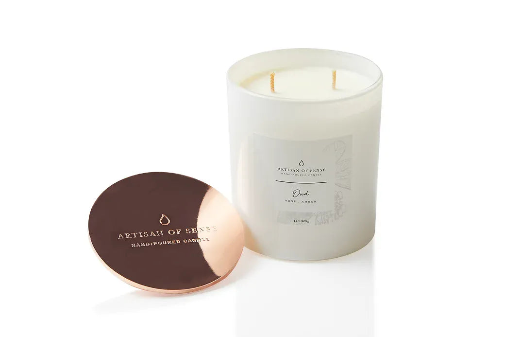 Oud, Rose & Amber scented soy candle in a white glass vessel, Singapore handcrafted with pure essential oils