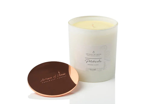 Patchouli, Orange & Clove scented soy candle in a white glass vessel, 70+ hour burn, handcrafted in Singapore