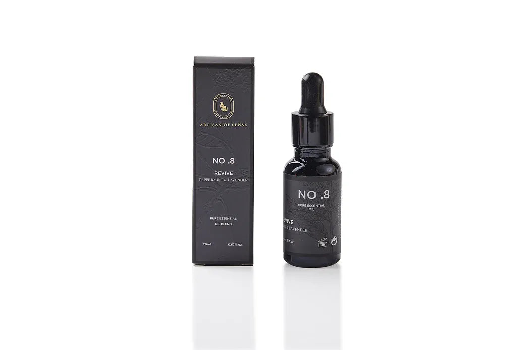 Aroma: Peppermint Lavender for Revive. Individual vial of therapeutic-grade essential oil.