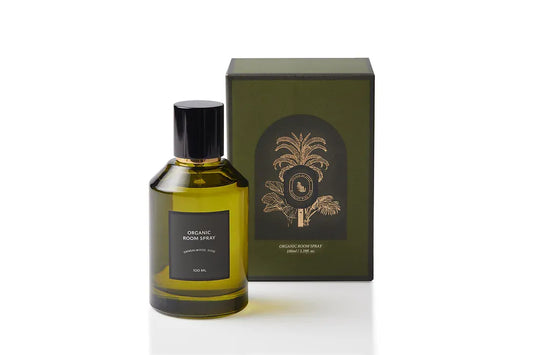 Botanical body and room mist housed in elegant olive green glass with a black cap and gold spray accent, pairing creamy Sandalwood with soft Rose. Alcohol-free, synthetic-free plant-based spray handcrafted in Singapore for warm, romantic scenting on skin, linens, and interiors.